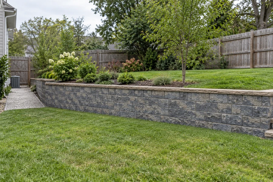 Blue-gray backyard retaining wall separating lawn levels beside a timber fence