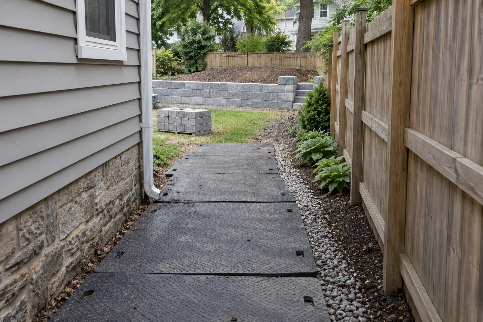 Ground-protection mats through a side passage leading to staged blocks and backyard wall work