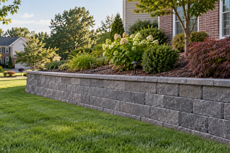 Curved charcoal block retaining wall supporting a raised planted bed above a lawn