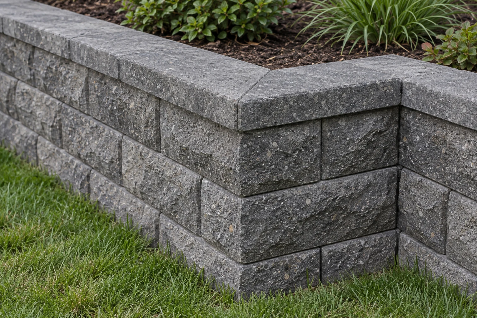 Split-face concrete retaining wall corner with fitted caps and staggered block courses