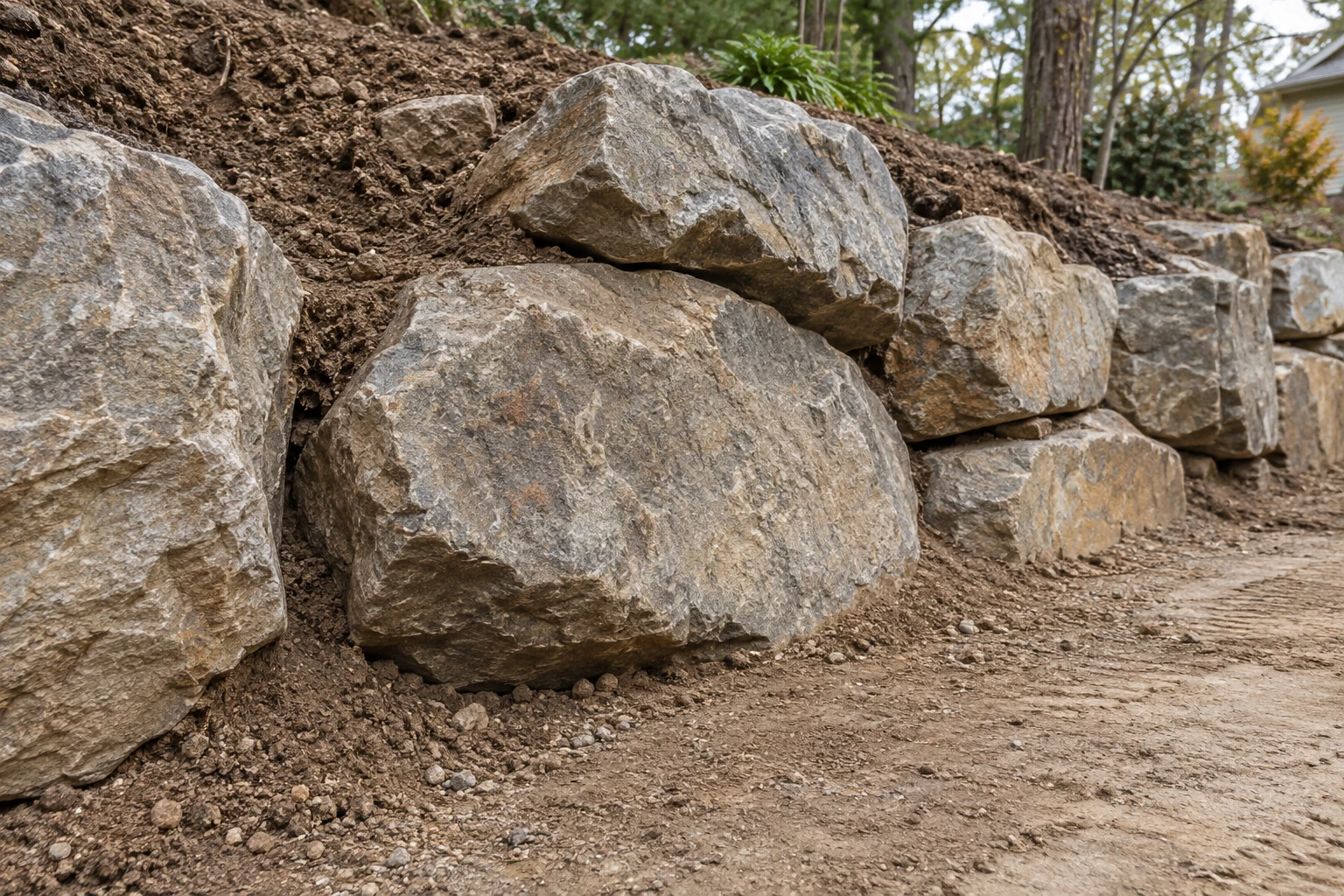 Large base boulders seated into soil beside an open dirt access strip