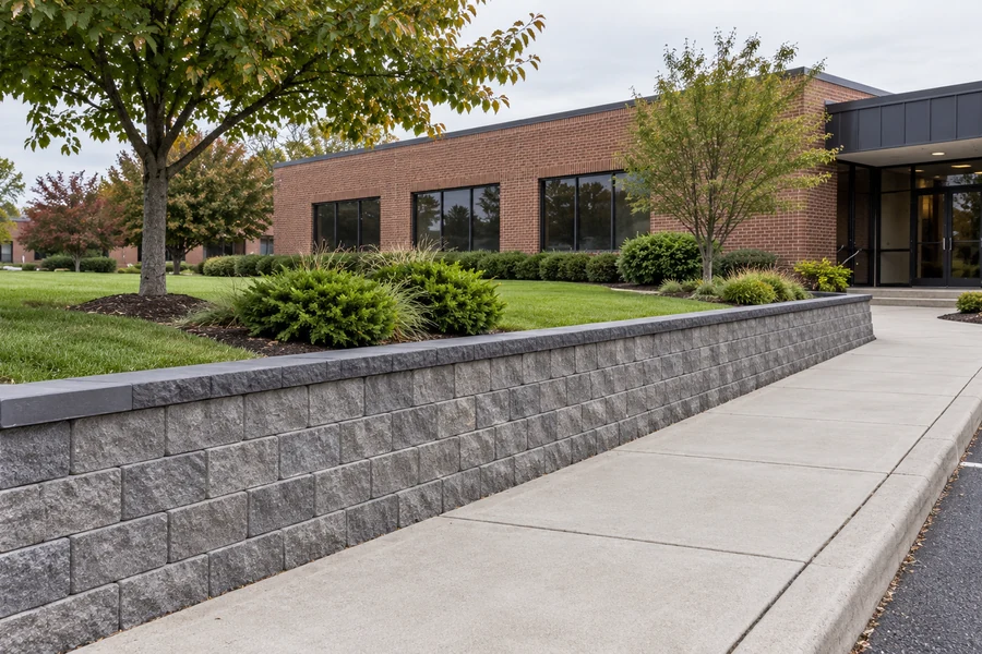 Commercial block retaining wall beside landscaping and an open office entrance walkway