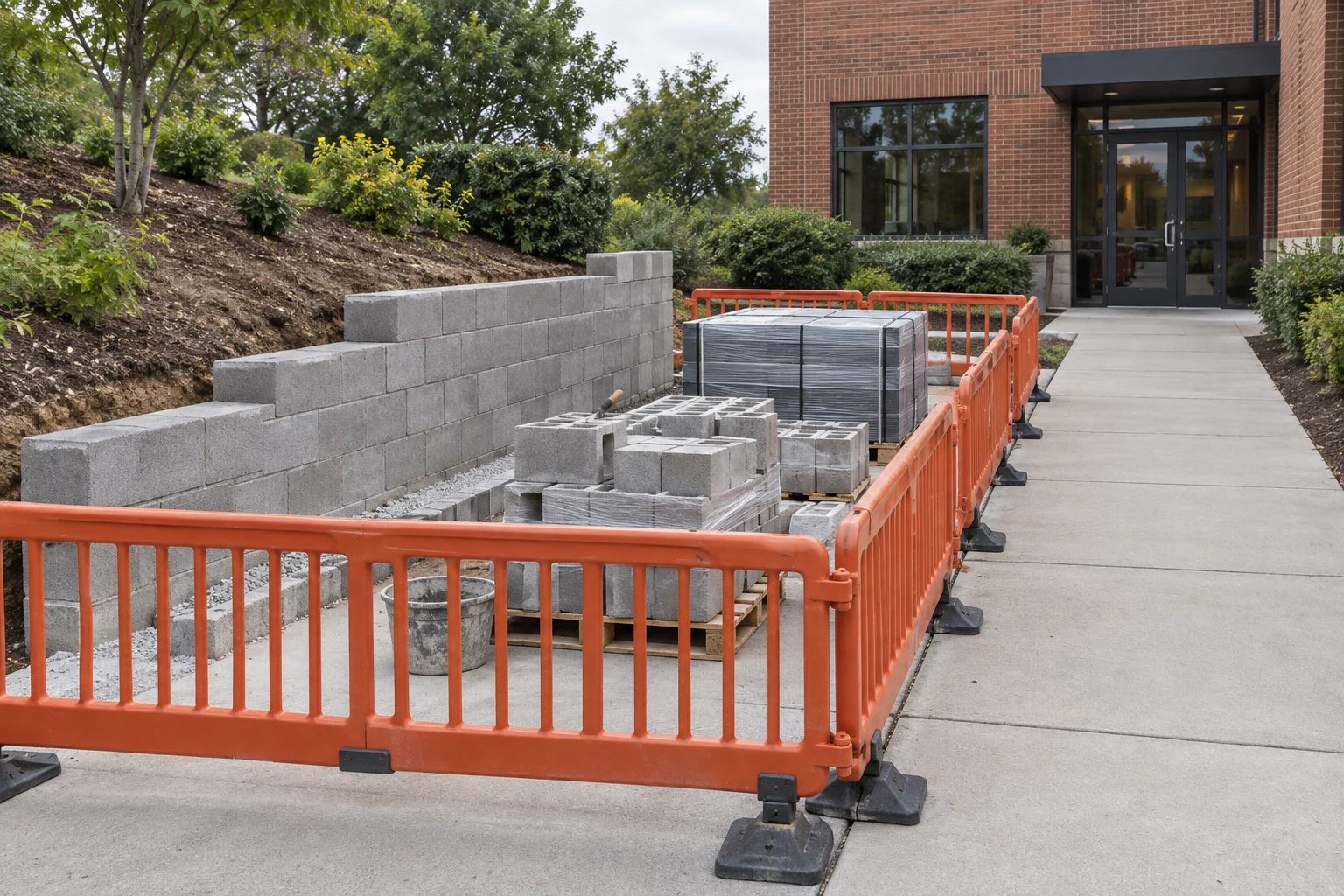 Commercial wall work and staged materials behind barriers beside an open pedestrian route