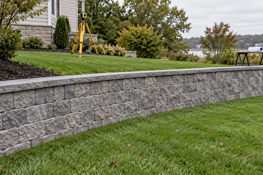 Finished retaining wall with survey tripod and plan roll on a worktable nearby