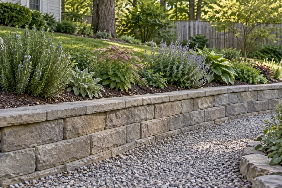 Low garden retaining wall holding herbs and perennials above a gravel path