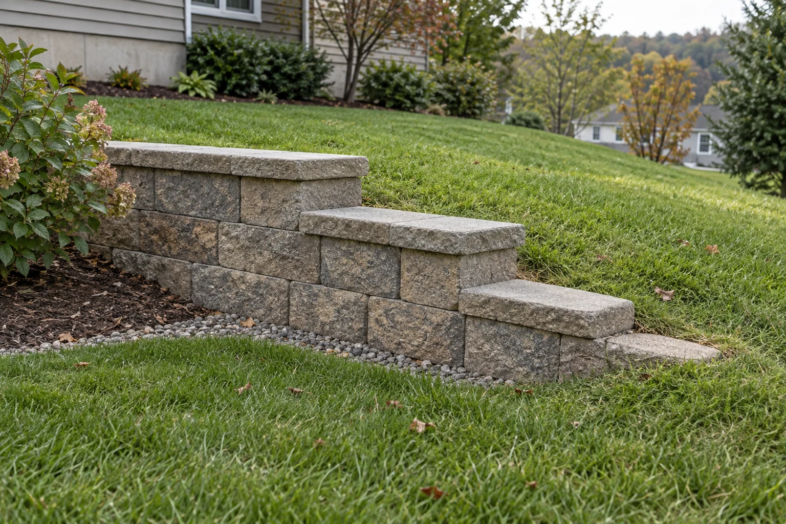 Stepped retaining wall end transitioning into turf with an aggregate margin