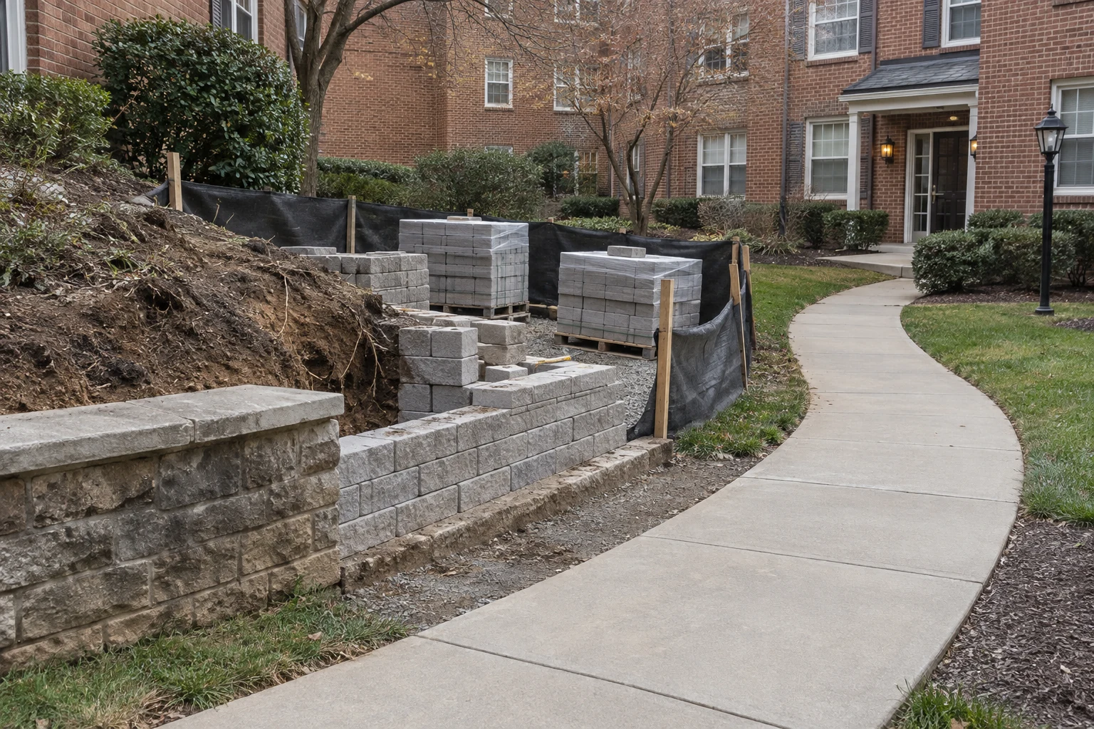 Isolated wall rebuilding area and staged blocks beside an unobstructed apartment walkway