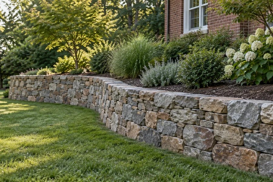 Curved natural stone retaining wall supporting a planted slope beside a brick home
