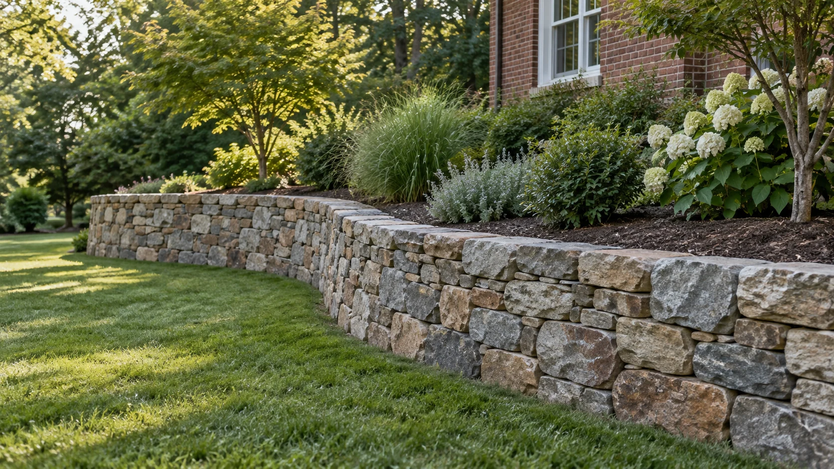 Curved natural stone retaining wall supporting a planted slope beside a brick home