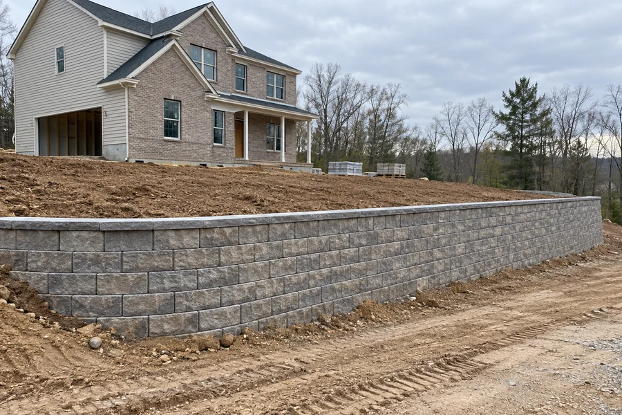 New retaining wall supporting a rough-graded lot beside an unfinished house