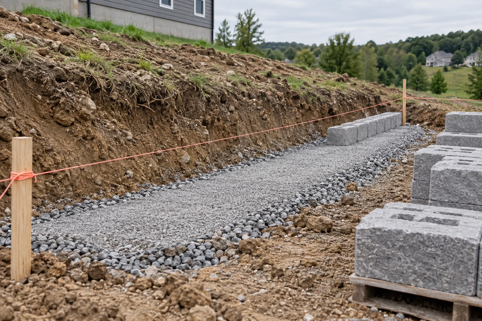String line and stakes beside an aggregate wall base and staged concrete blocks