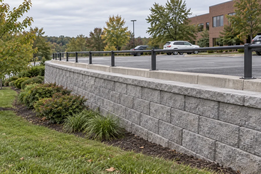 Retaining wall supporting an elevated parking lot with curb and protective edge rail