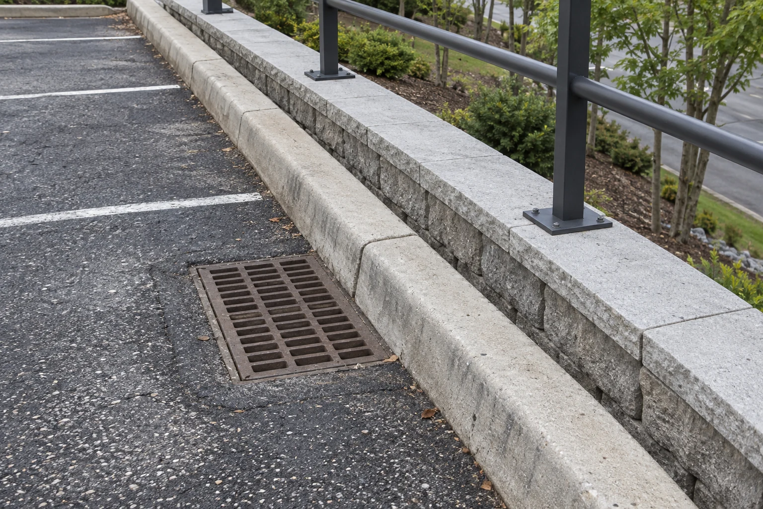 Parking lot drainage inlet beside curb, wall cap and rail mounting