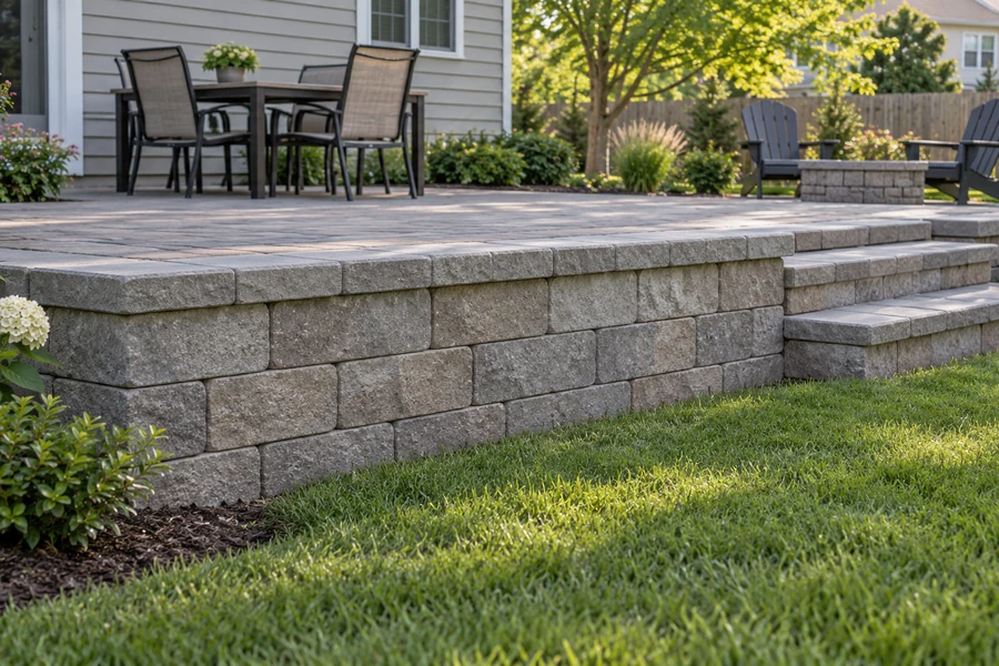 Raised paver patio supported by a low block retaining wall with steps to the lawn