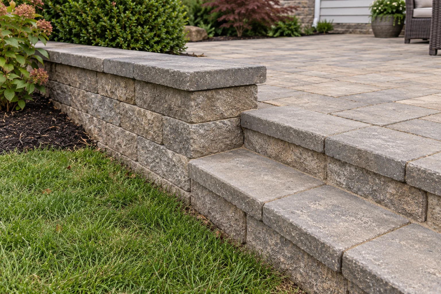 Patio paving, retaining wall cap and broad step junction beside a lower lawn