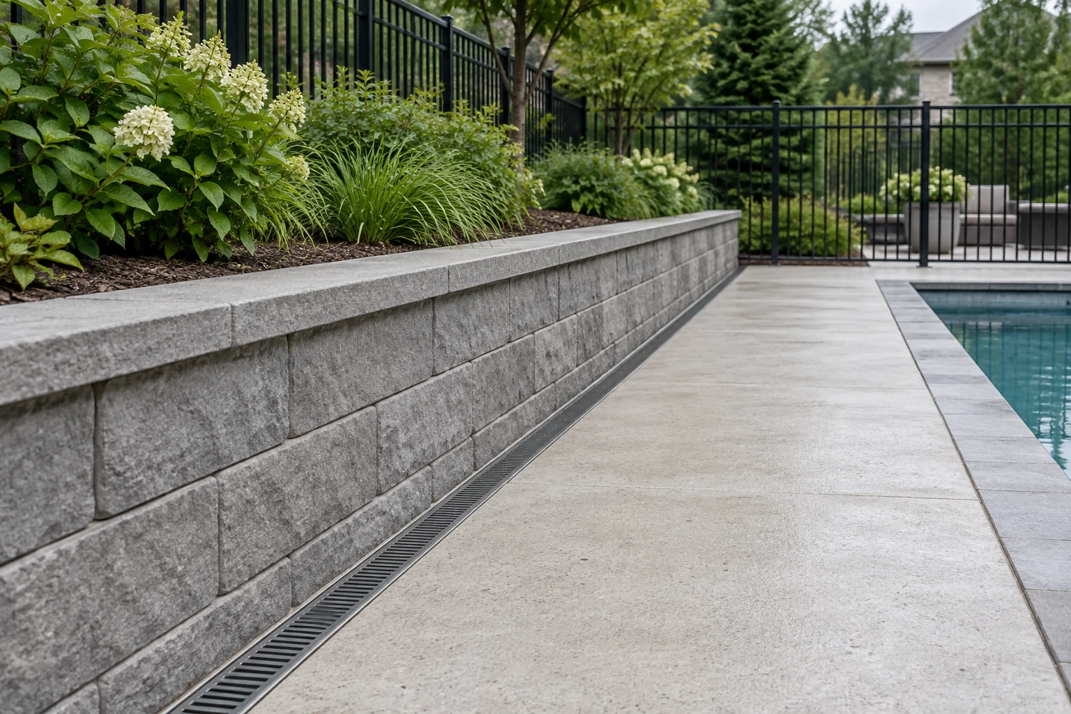 Poolside retaining wall and grated drainage channel beside a broad deck