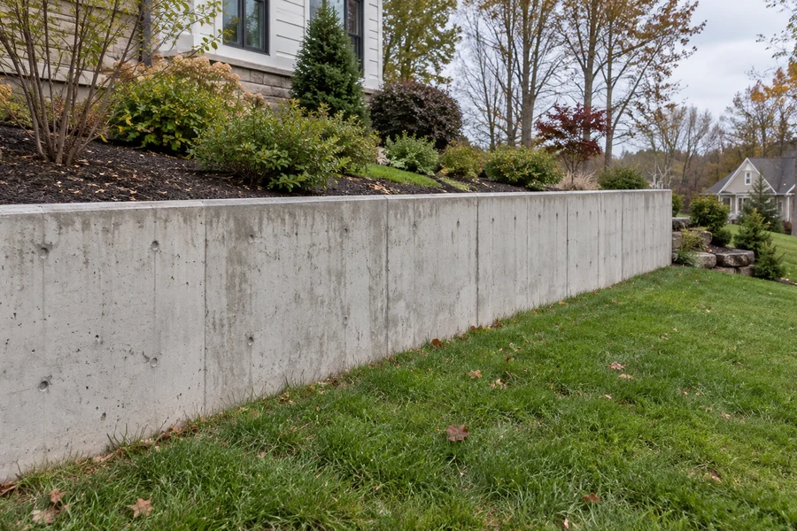 Poured concrete retaining wall with form impressions separating raised planting from a lower lawn