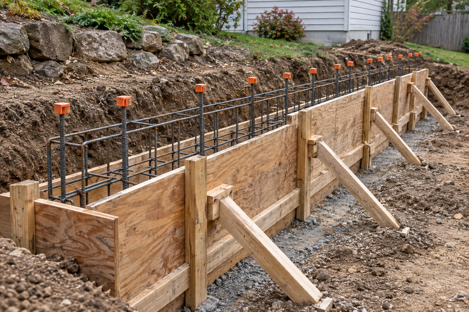 Braced plywood wall forms with tied reinforcement and protective caps on exposed upright bars