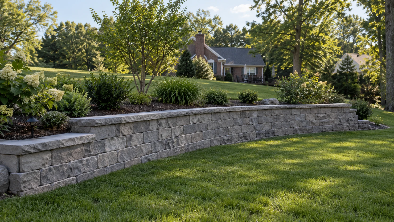 Curved gray block retaining wall separating a raised planted lawn from a lower yard