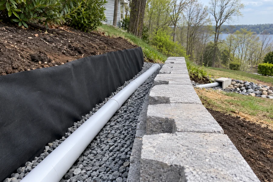 Drainpipe on gravel behind a partly built block wall with separator fabric along the soil