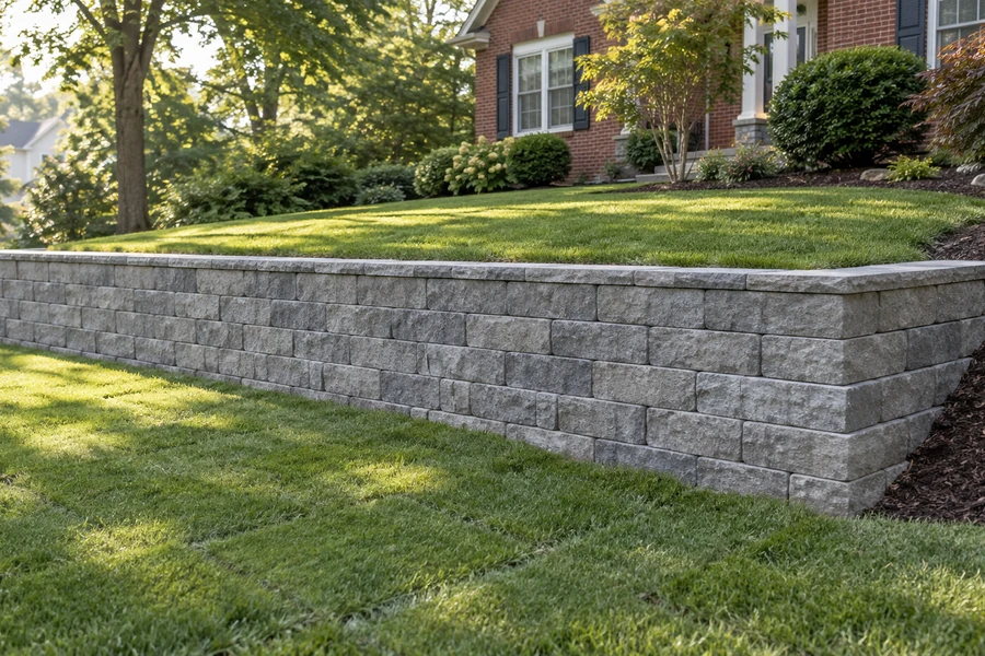 New gray block retaining wall with a return supporting a raised lawn beside a brick home