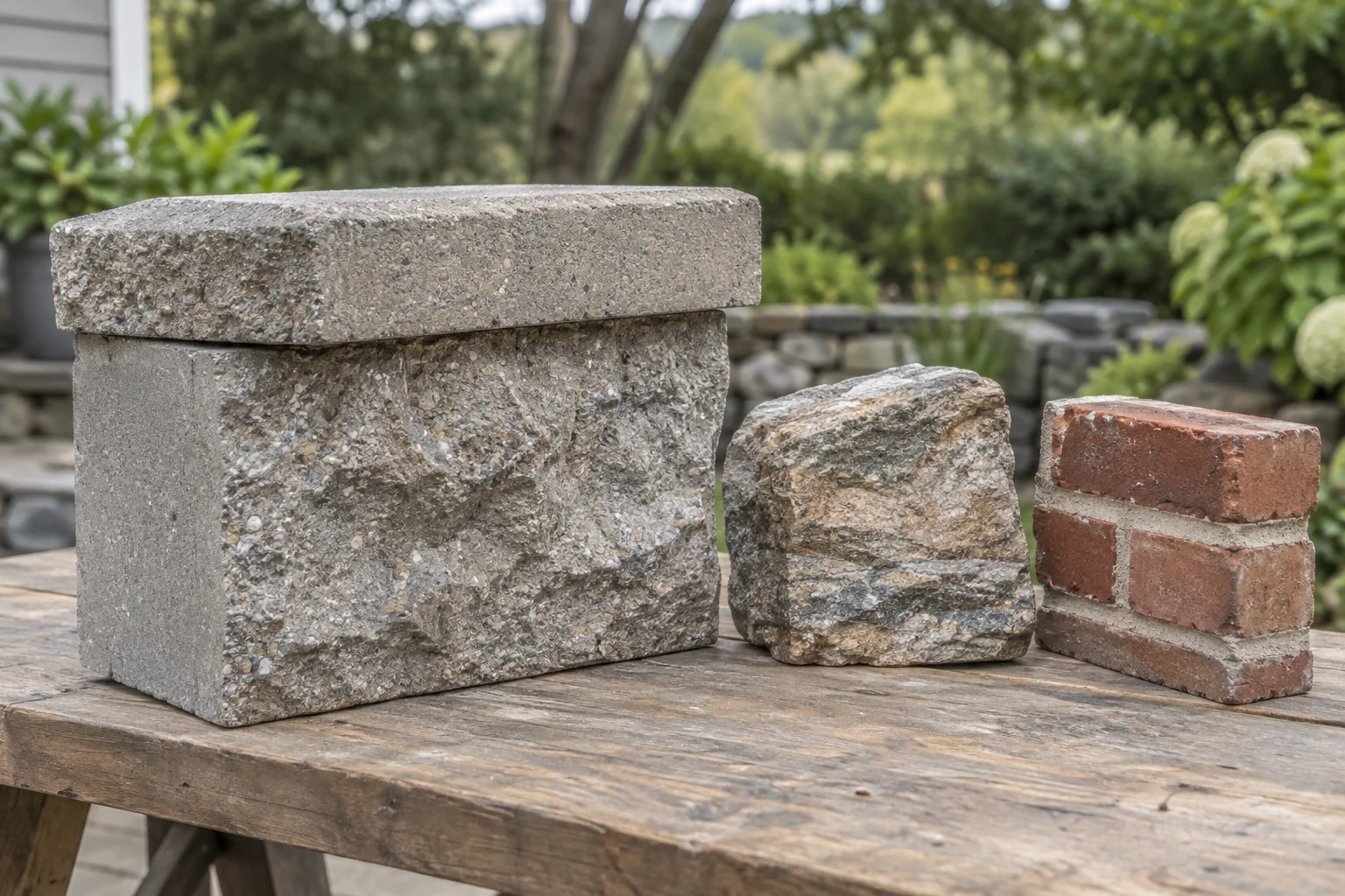 Concrete block and cap, natural stone and mortared brick samples on an outdoor workbench