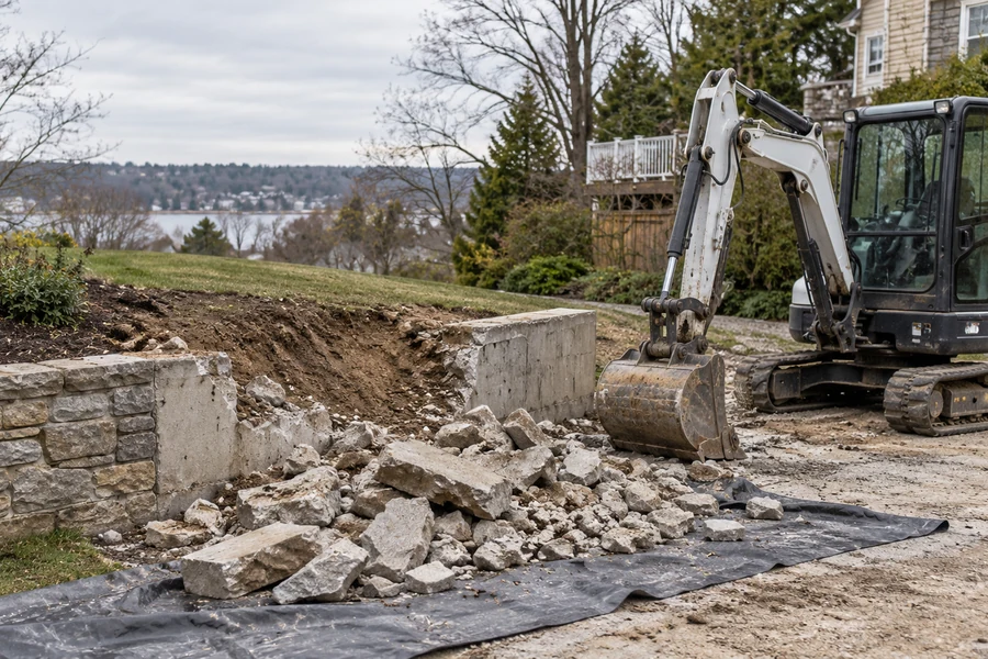 Parked compact excavator beside a partly demolished retaining wall and masonry rubble