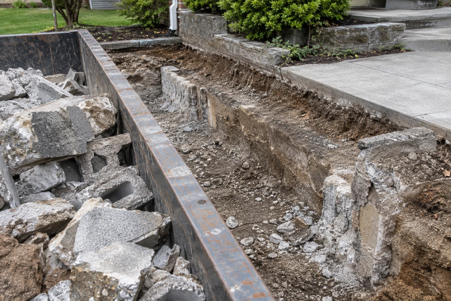 Removed masonry in a rubble container beside exposed old footing remnants and adjacent paving