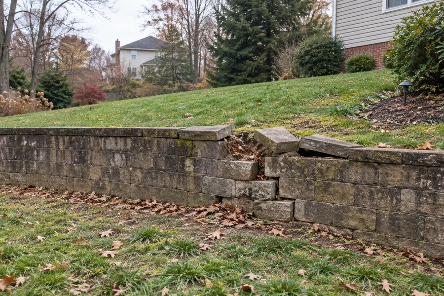 Localized separation and displaced caps in a weathered block retaining wall
