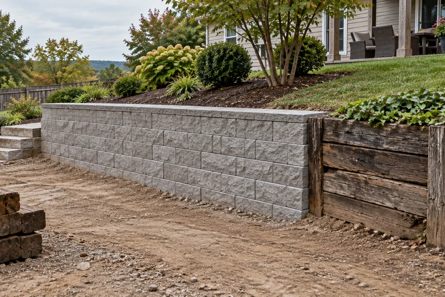 New block retaining wall beside an old timber section with removed timbers stacked nearby