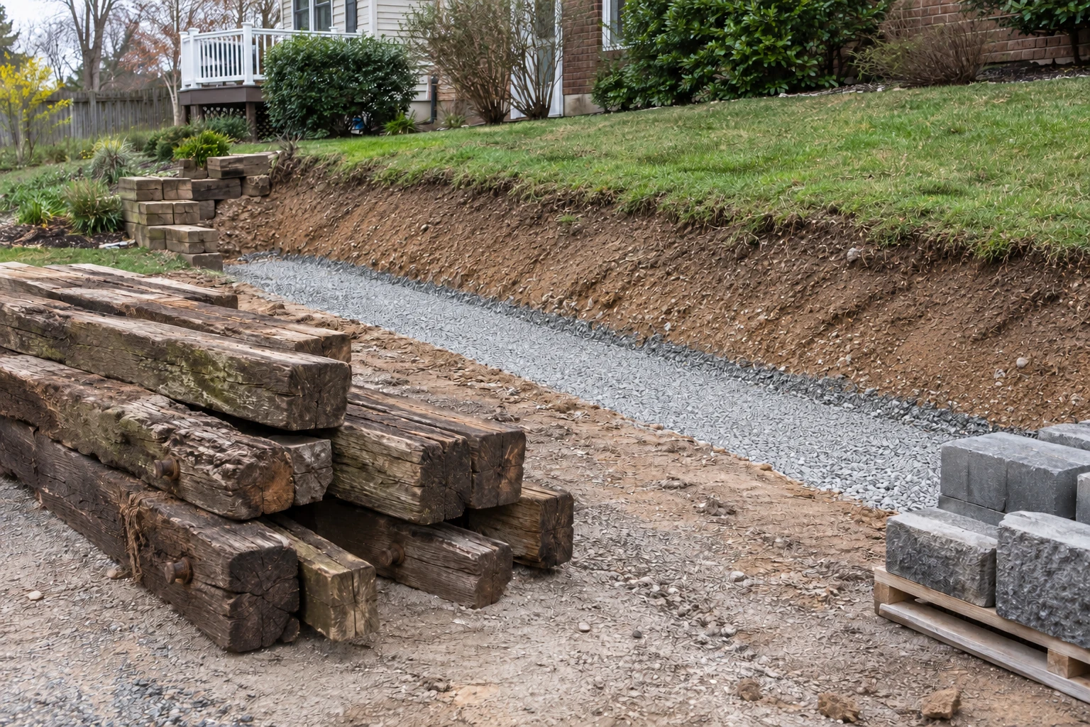Removed wall timbers beside a prepared gravel base, sloped soil bank and new concrete blocks