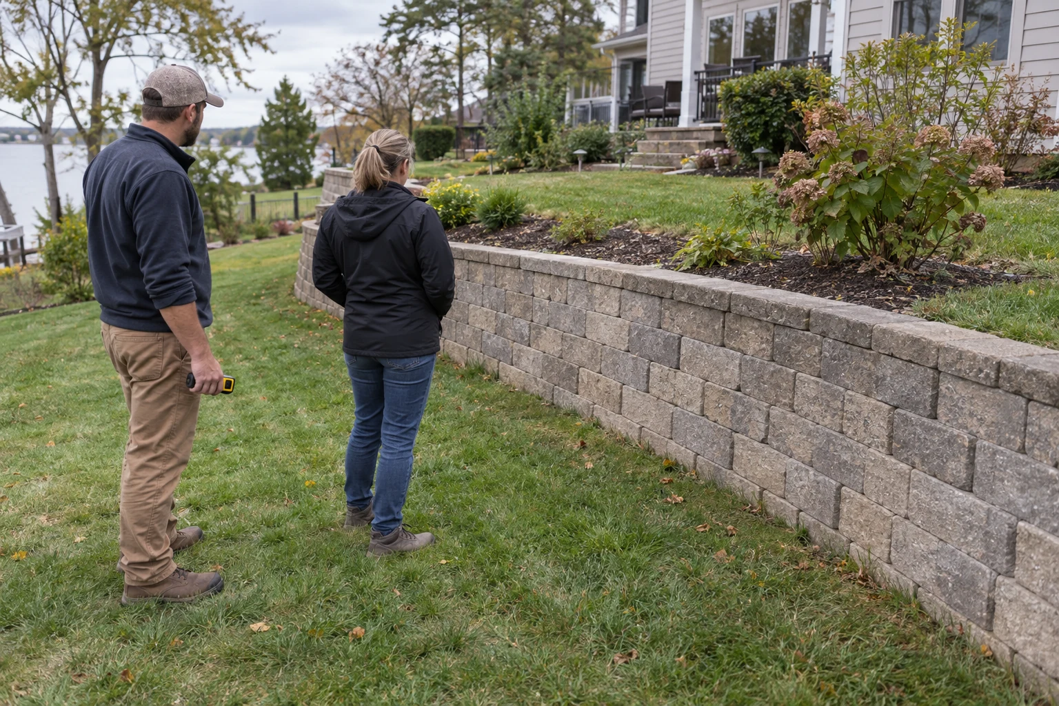 Two adults assessing a low block retaining wall beside a raised residential lawn