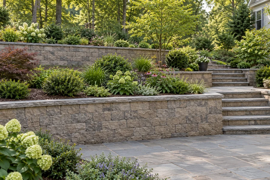 Tiered block retaining walls with planted terraces and garden steps