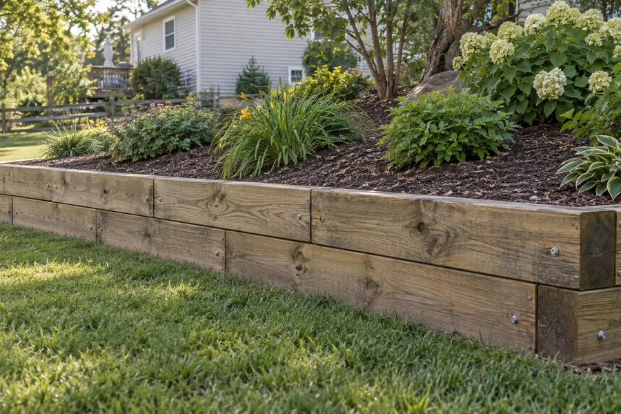 Low timber retaining wall with staggered joints holding a raised mulched garden