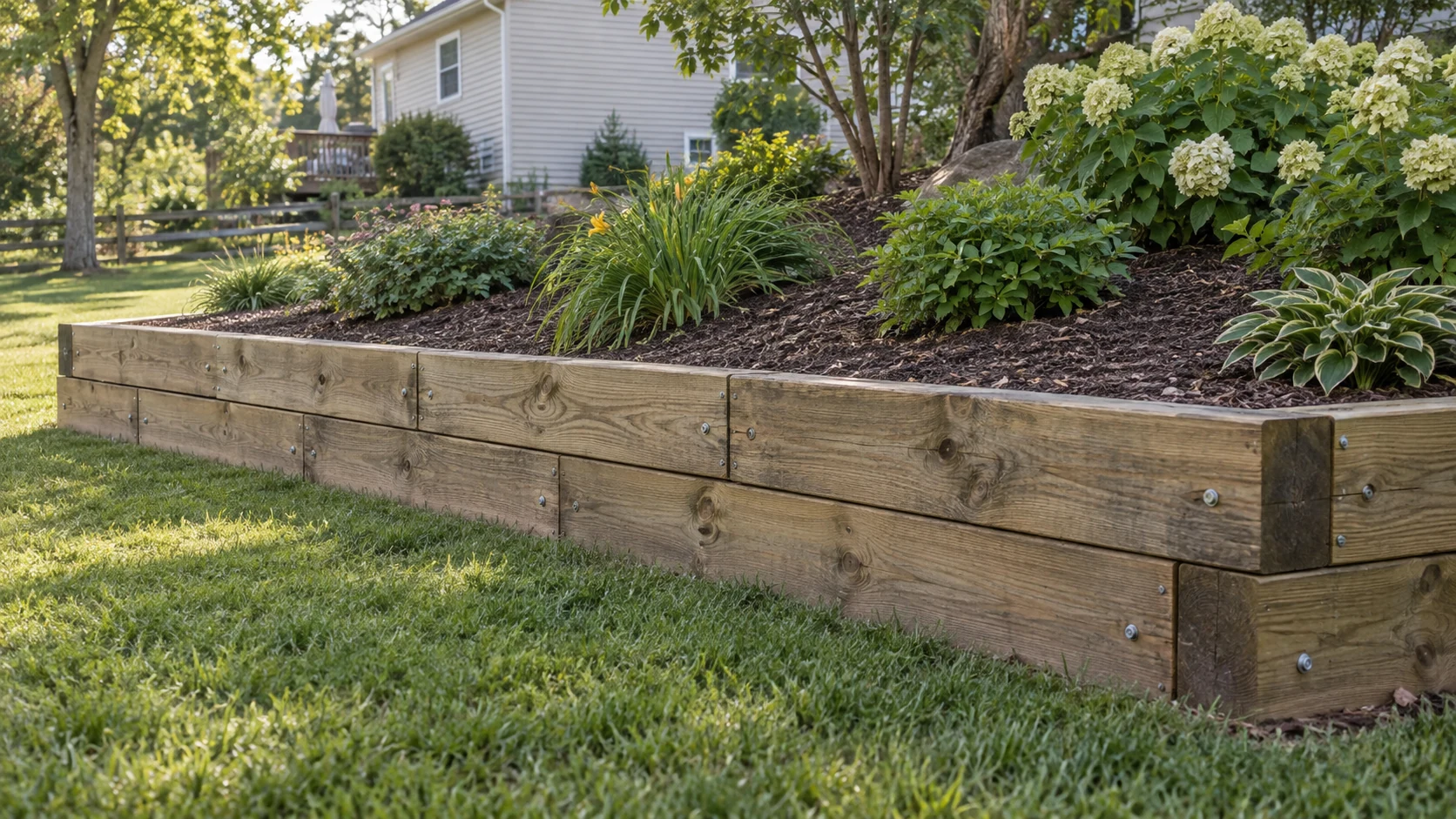 Low timber retaining wall with staggered joints holding a raised mulched garden