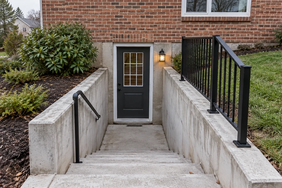 Basement entrance with concrete retaining side walls, steps and black metal rails