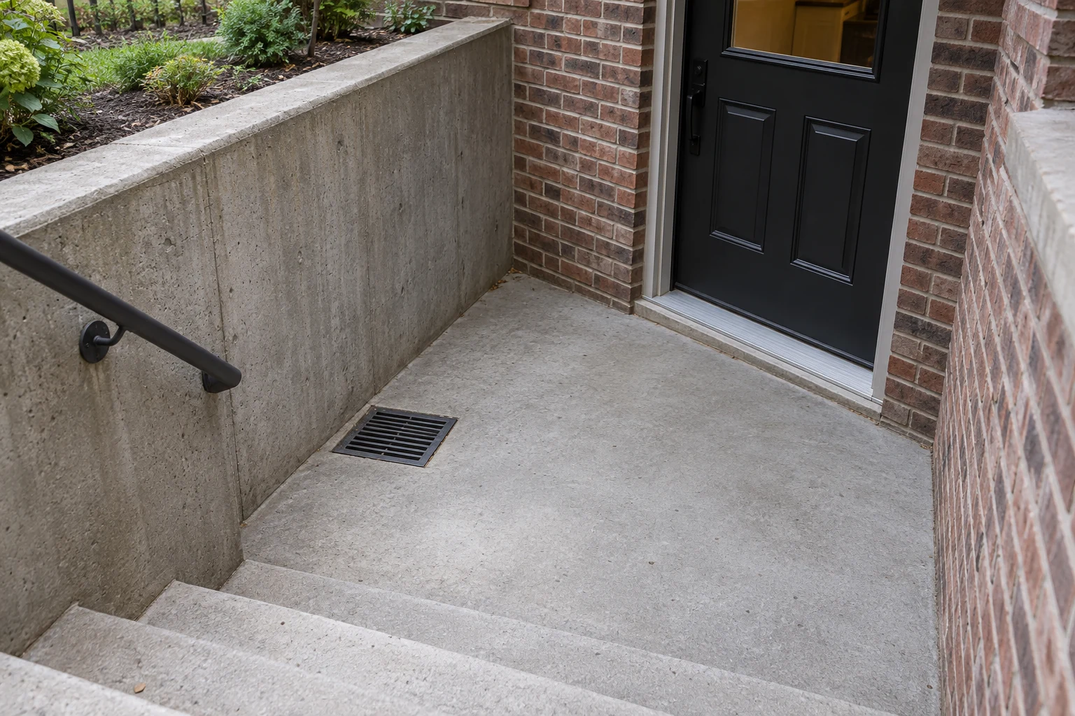 Basement landing and door threshold beside a concrete retaining wall and drainage grate
