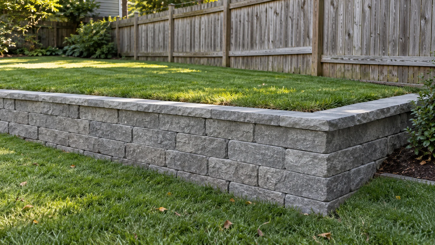 New gray block wall with a return holding a raised lawn beside a timber fence