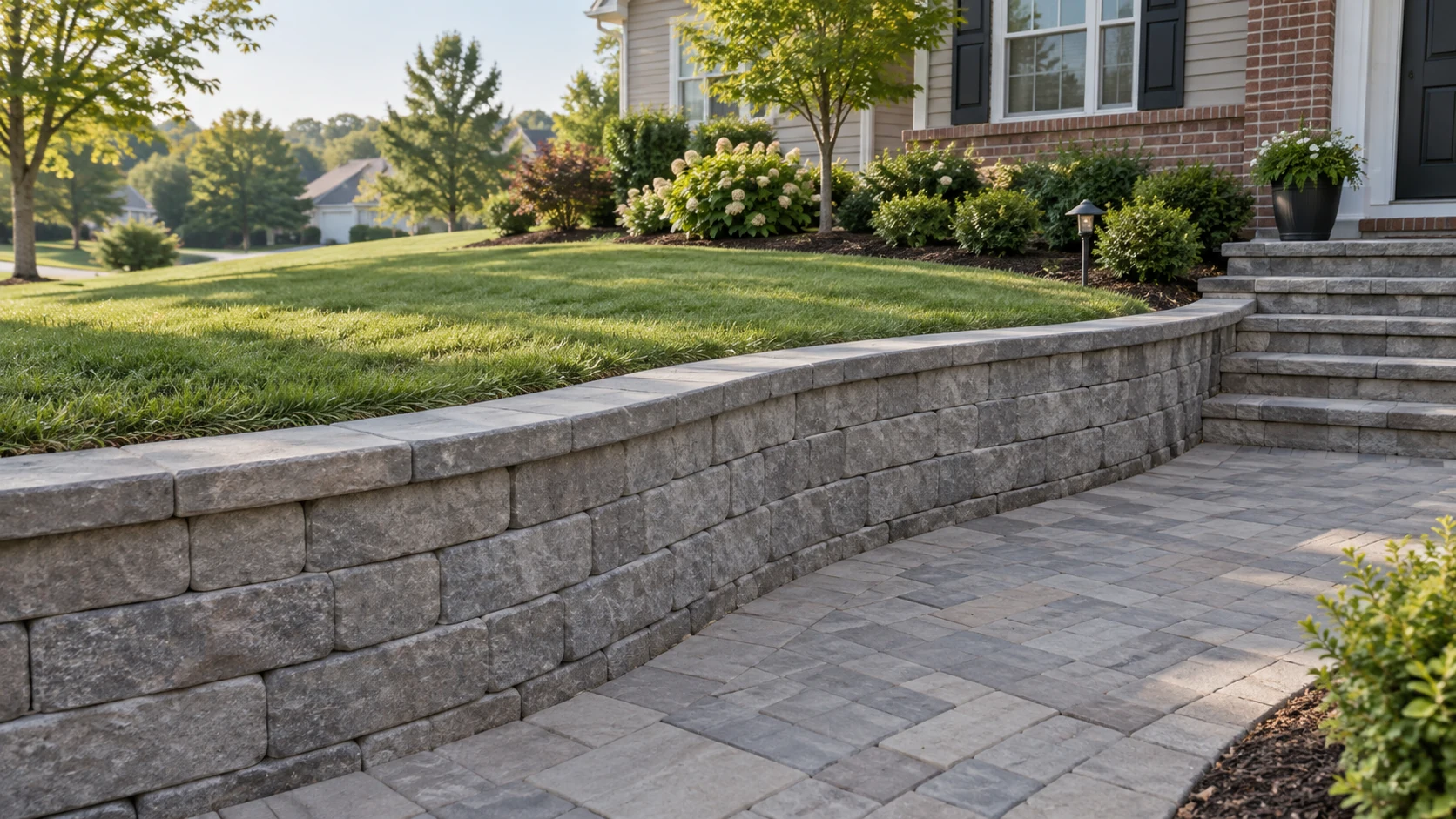 Curved gray retaining wall separating a raised lawn from a lower paver approach