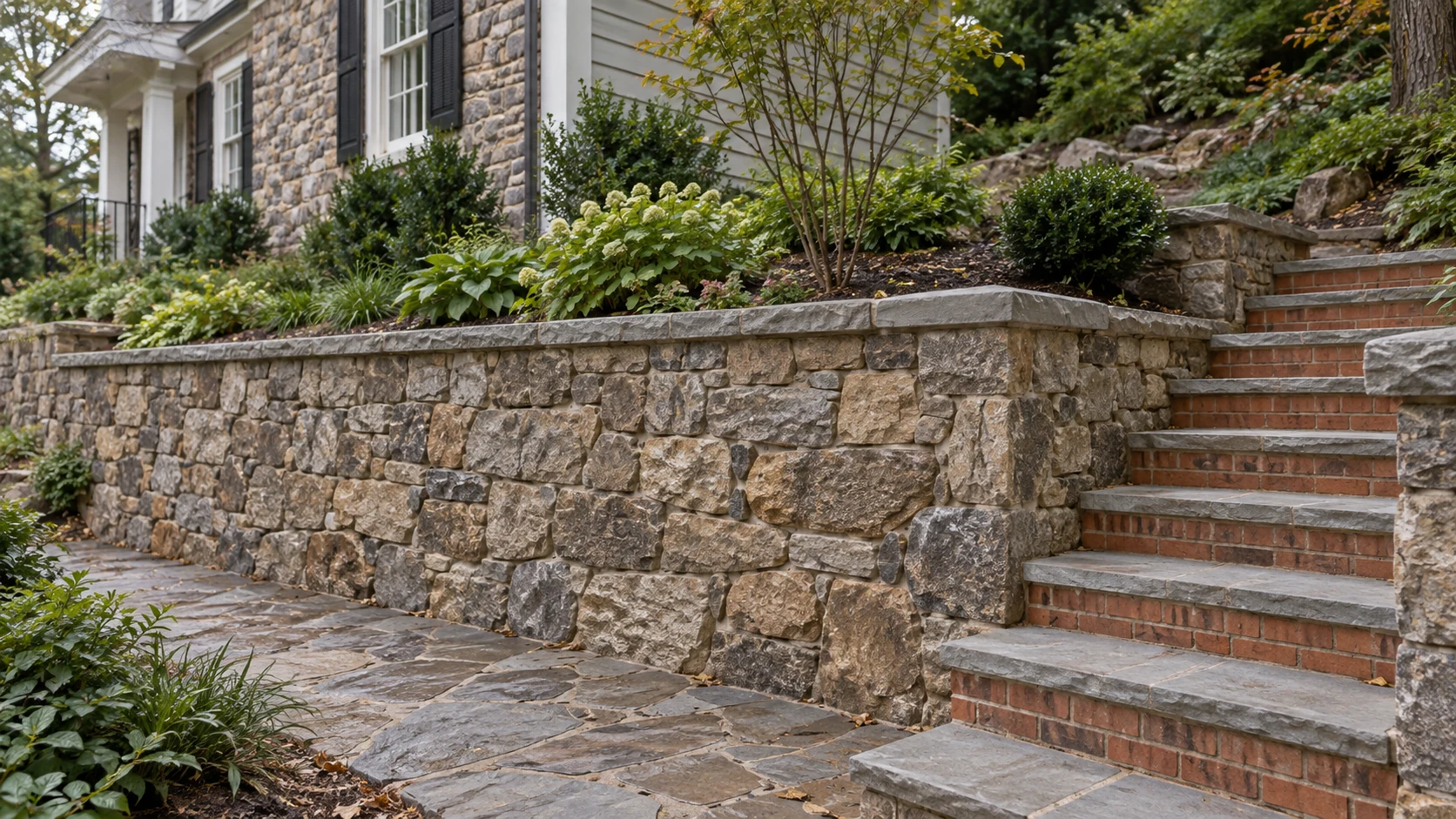 Natural stone retaining wall supporting a garden beside brick steps and a traditional house