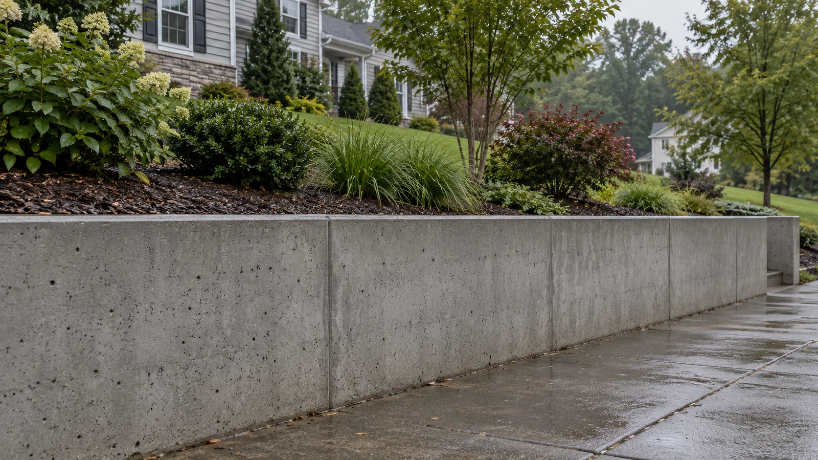 Concrete retaining wall supporting a raised planting strip beside a rain-damp paved path