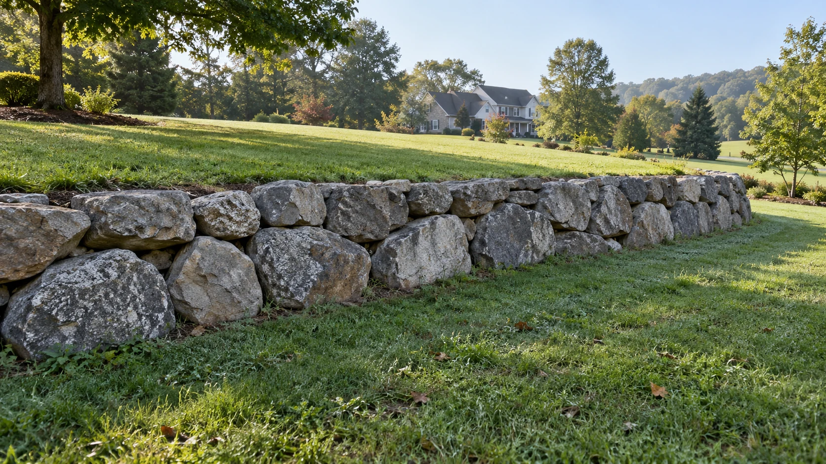 Low boulder retaining wall supporting a broad raised lawn near a detached home